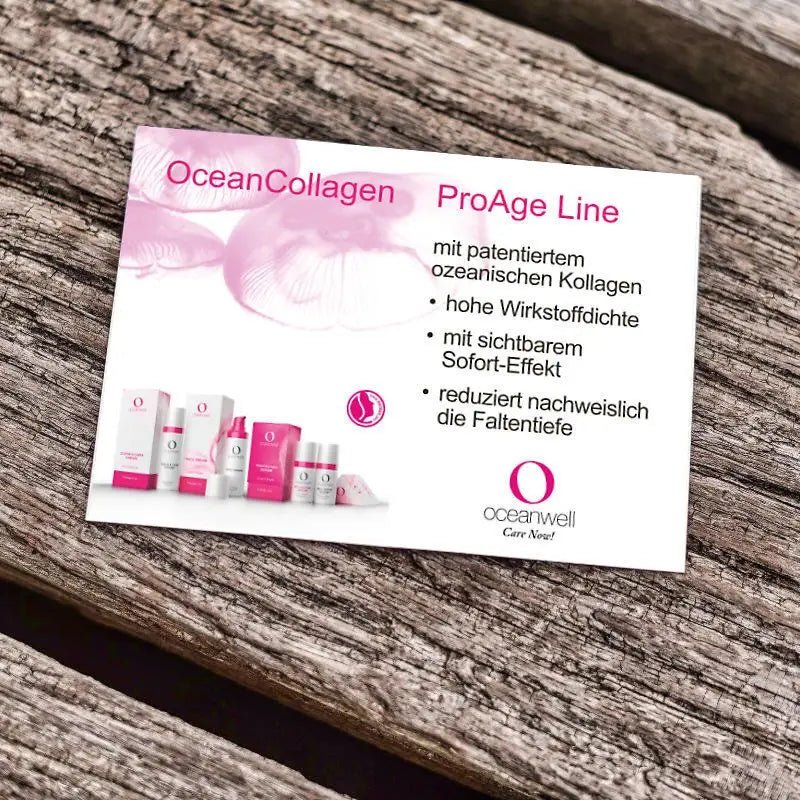 OCEANWELL FALTBLATT "OceanCollagen" DIN A7 für Sachets (Verkaufsförderung) - BeautyVeda | Oceanwell Faltblatt "OceanCollagen" DIN A7 (für Sachets) | Verkaufsförderung. OceanCollagen, Oceanwell,